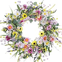 24 Inches Spring Wreaths for Front Door,Artificial Spring Wreath Summer Wreaths with Colorful Daisy Lavender Sunflowers Green Eucalyptus Leaves for Spring Summer Indoor and Outdoor Decor