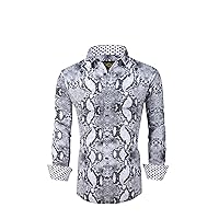 Mens Premiere Long Sleeve Button Down Designer Dress Shirt Animal Print Reptile Snake Skin Design Premium Untucked Shirt