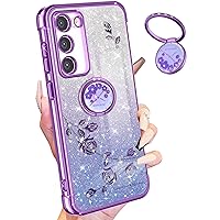 Coralogo (3in1 for Samsung Galaxy S23 Plus Case Glitter Sparkly for Women Girls Sparkle Girly Bling Shiny Phone Cover Cute Flowers Floral Design with Ring Pretty Purple Cases for S23 Plus 5G 6.6''
