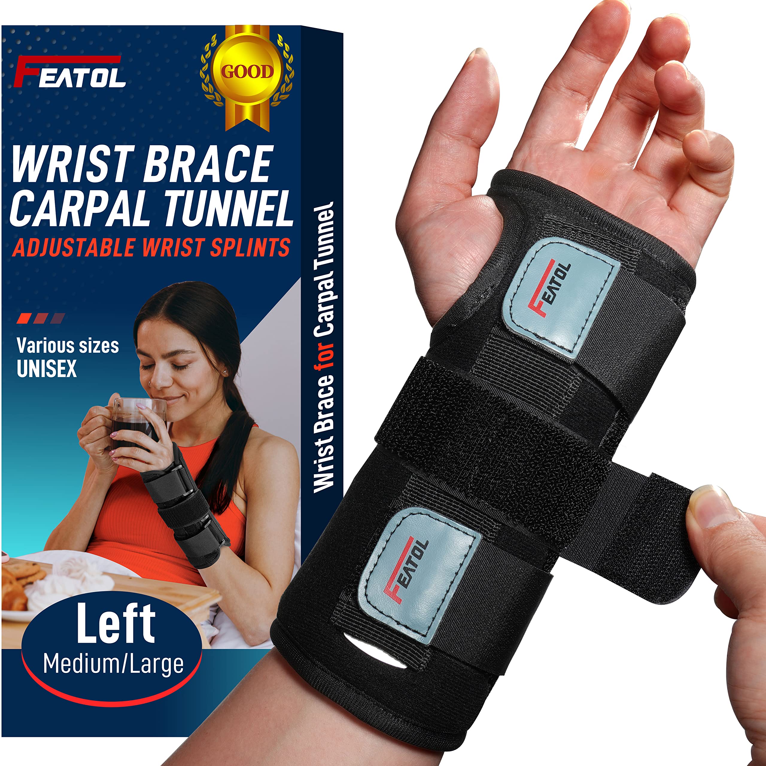 FEATOL Wrist Brace for Carpal Tunnel, Adjustable Wrist Support Brace with Splints Left Hand, Medium/Large, Arm Compression Hand Support for Injuries, Wrist Pain, Sprain, Sport