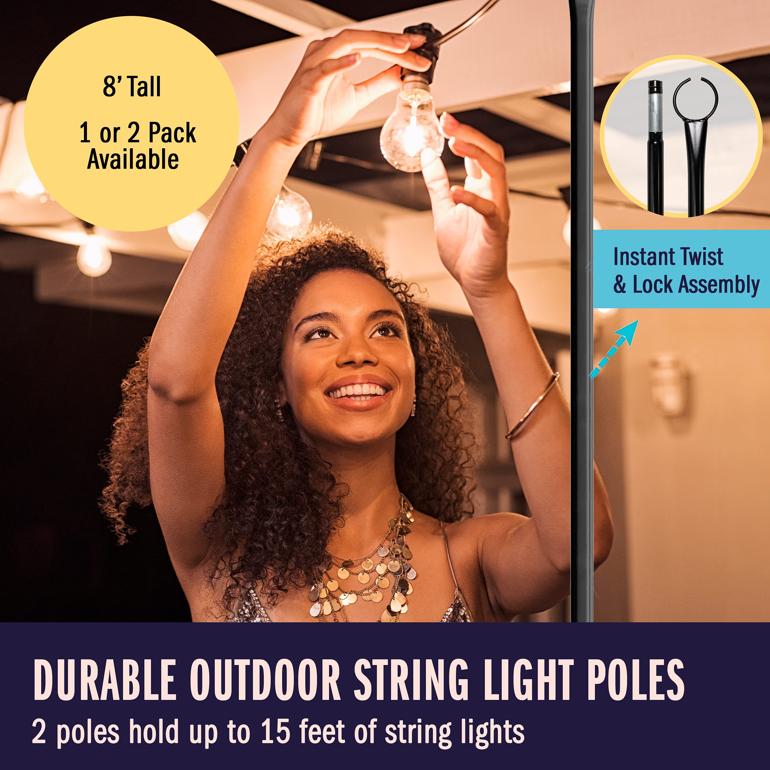 Holiday Styling String Light Poles for Outdoor String Lights - 2-Pack Christmas Light Pole w/Hooks to Hang LED Lighting - Metal, Outside Patio Stand and Hanger Tool for Backyard, Bistro & Weddings