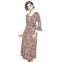 LAI MENG FIVE CATS Women's Casual V Neck Paisley Print Bell Sleeve Fit and Flare Dress with Belt