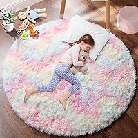 PAGISOFE Round Area Rug,4'X4',Fluffy Rugs for Bedroom, Rugs for girls/boys Room,Fuzzy Rugs for Nursery Playroom,Circle Rugs for Kids Room,Shag Carpet Rugs for Reading Nook,Furry Rugs for Baby,Rainbow