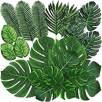 74 Pcs 7 Kinds Artificial Palm Leaves Tropical Fake Leaves, Monstera Leaf Faux Leaves for Safari Jungle Hawaiian Dinosaur Luau Party Table Decoration Wedding Birthday Theme Party