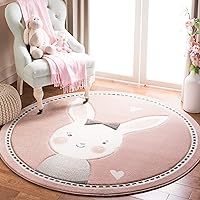 Safavieh Carousel Kids Collection 3' Round Pink/Ivory CRK166P Bunny Non-Shedding Nursery Playroom Area Rug