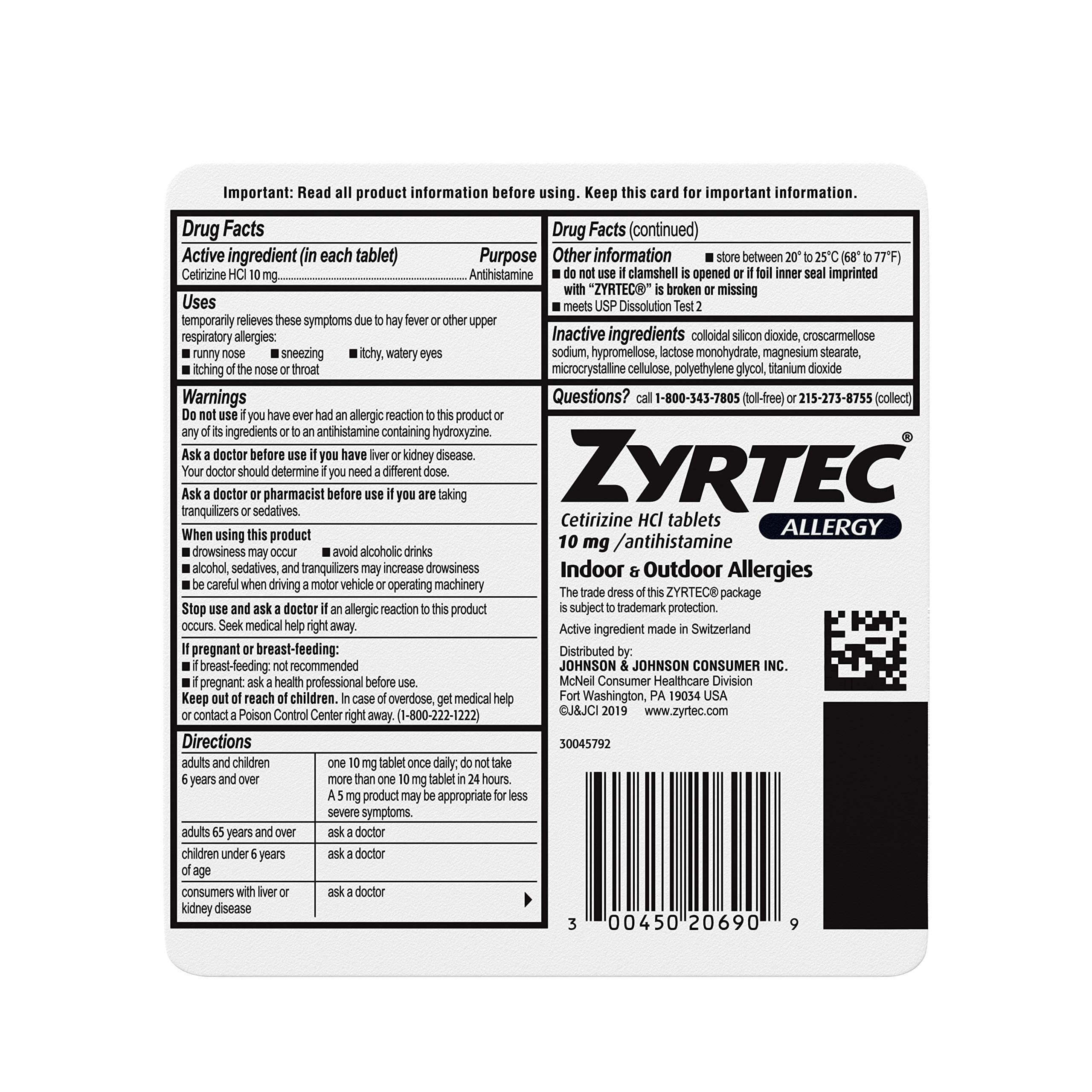 Zyrtec 24 Hour Allergy Relief Tablets - 10mg, 90 ct