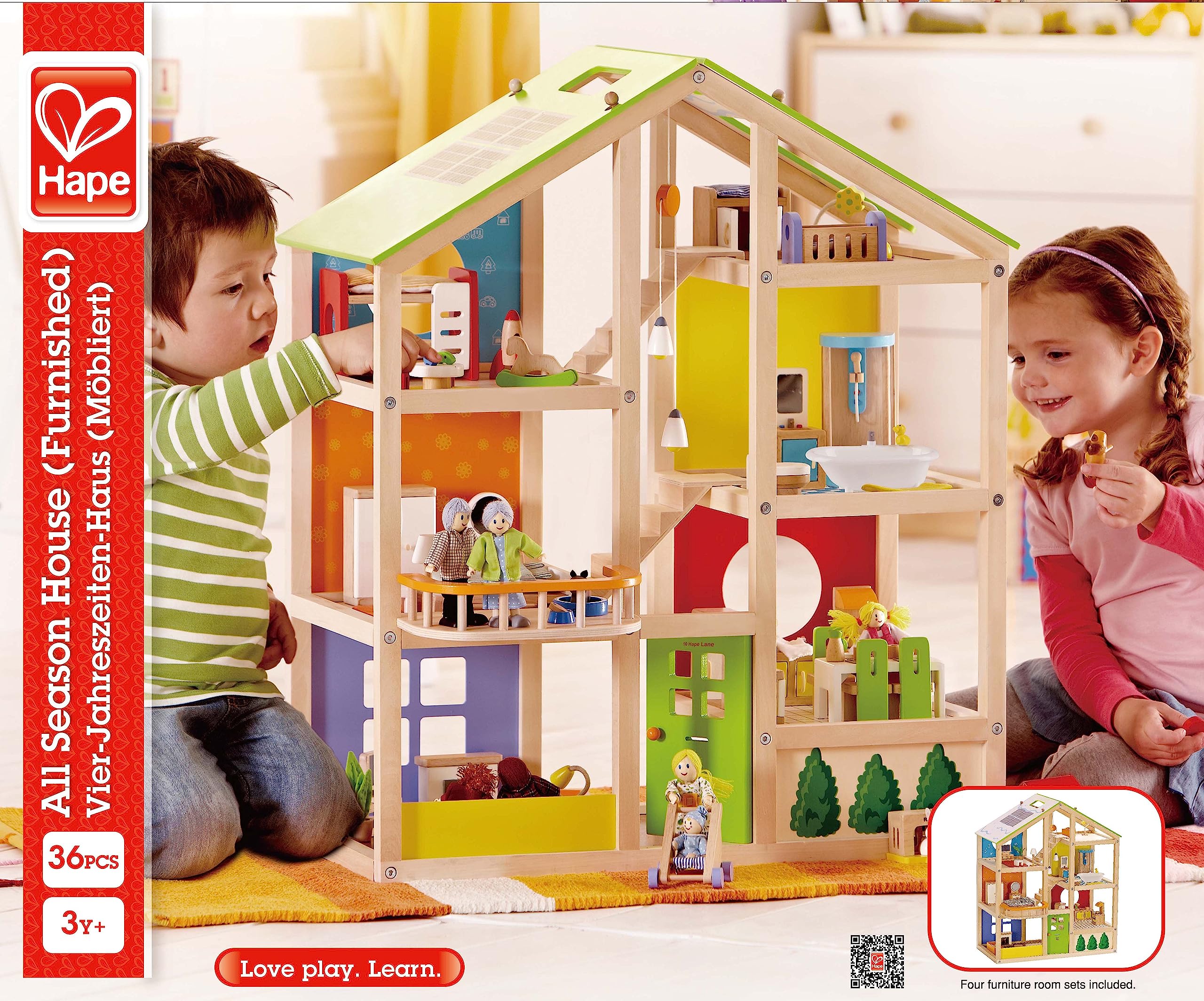 All Seasons Kids Wooden Dollhouse by Hape | Award Winning 3 Story Dolls House Toy with Furniture, Accessories, Movable Stairs and Reversible Season Theme L: 23.6, W: 11.8, H: 28.9 inch