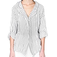 Women's Summer Hooded Blouses Free Open Linen Striped Casual Blouses in Linen (X−Large, White)