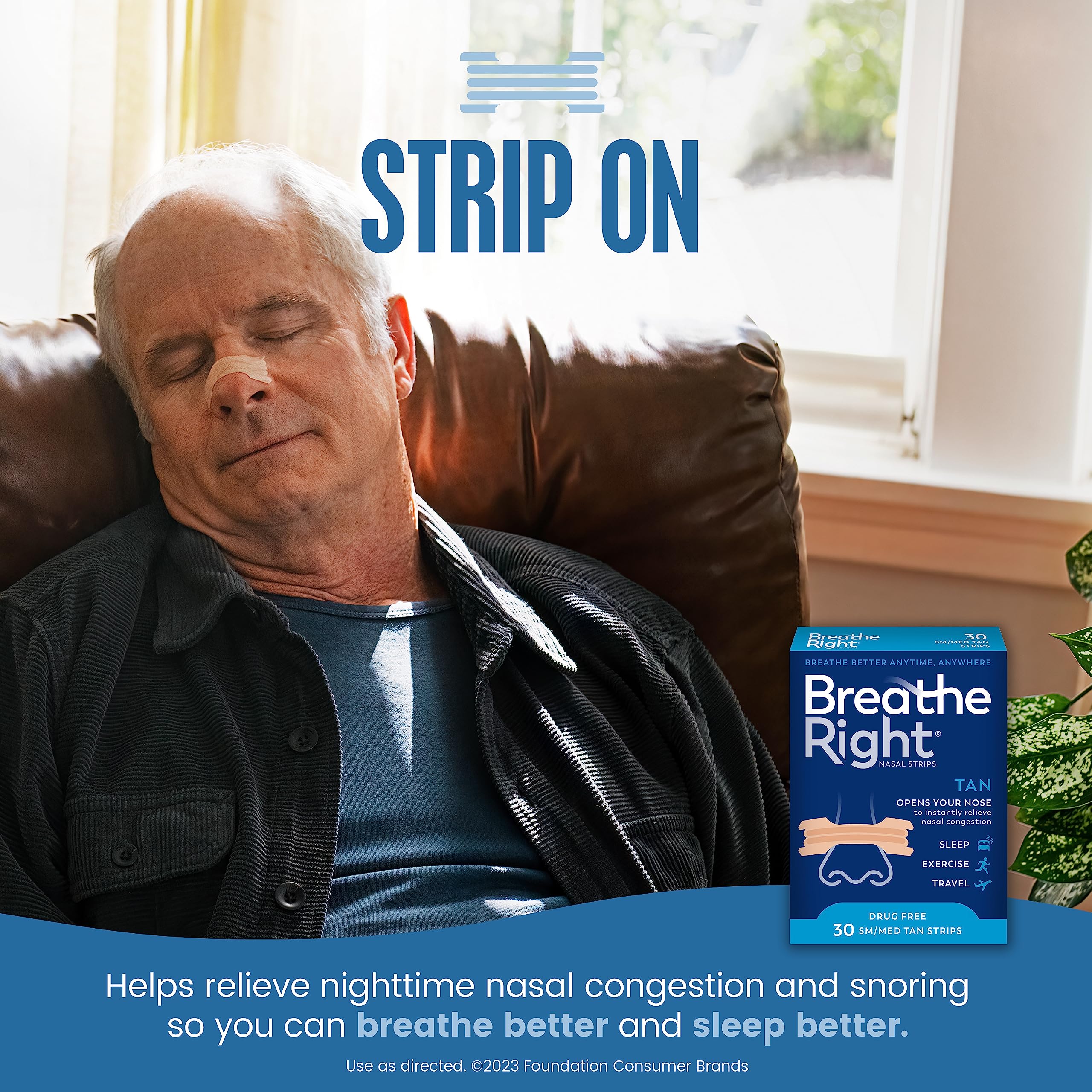 Breathe Right Original Nasal Strips | Tan Nasal Strips | Sm/Med | Help Stop Snoring | Drug-Free Snoring Solution & Instant Nasal Congestion Relief Caused By Colds & Allergies 30ct (packaging may vary)