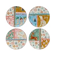 Fitz and Floyd Cottage Christmas Holiday Set of 4 Assorted Salad Appetizer Plates, 8.25 Inch, Multicolored
