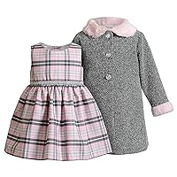 Youngland Baby Girls' One Size Metallic Woven Coat Set with Faux Fur and Matching Plaid Dress