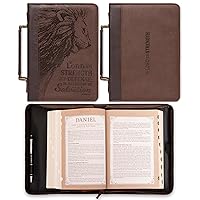 Christian Art Gifts Men's Classic Bible Cover The Lord is My Strength Lion Exodus 15:2, Brown Faux Leather, Large