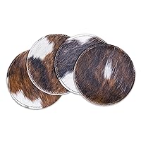 Cowhide Coasters - Handmade Leather Cowhide Coasters for Drinks - Western Coasters Style - 2 Layers, Hair On & Leather Back, Easy to Clean - Premium Cow Coasters for Drinks - 4pc, Round