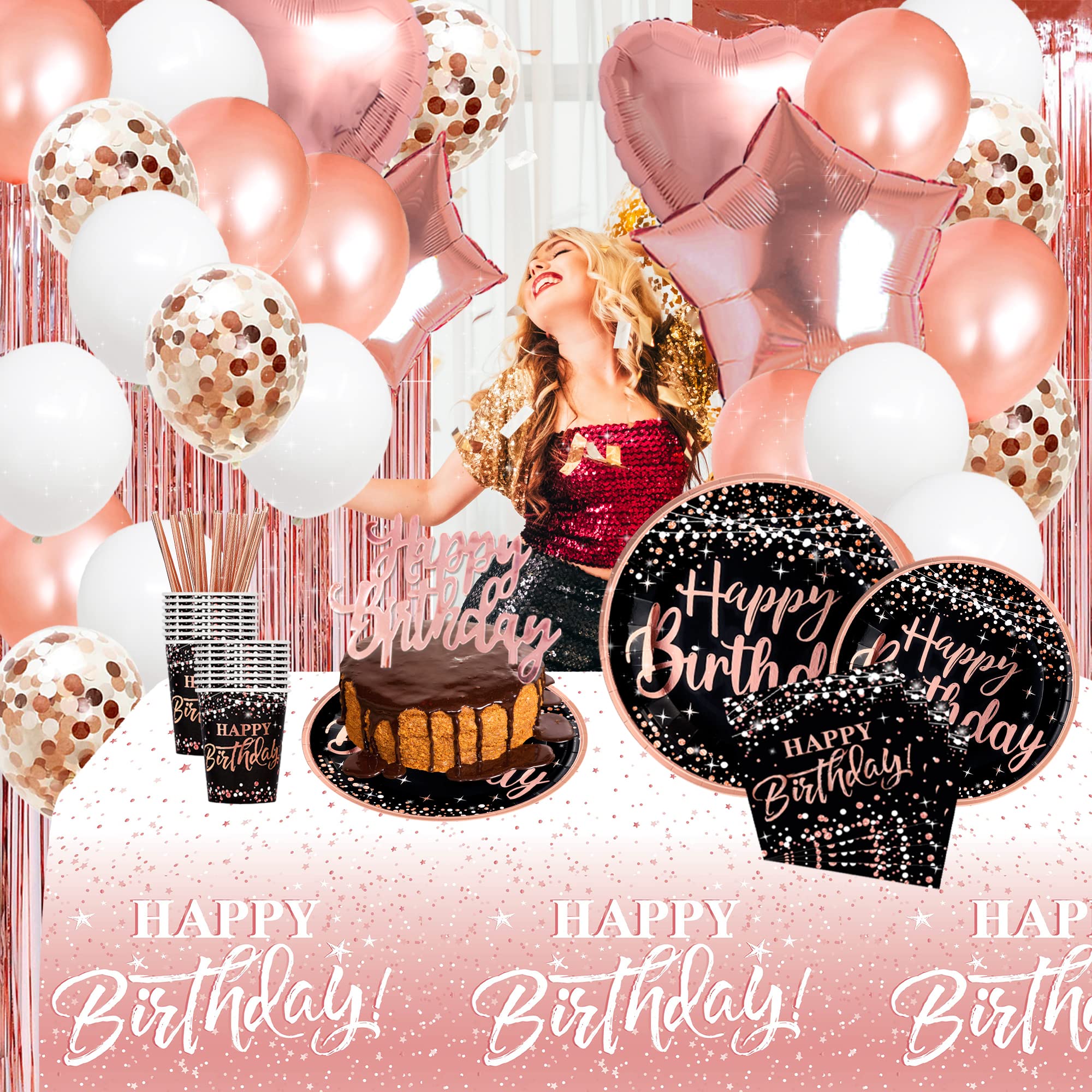 birthday decorations for women rose gold - (Total 170pcs) happy birthday Supplies for women, Balloons,tablecloth,Foil Backdrops,Plates,Cups,Photo Props,Sash,Tableware for 24 Guests