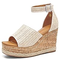 Women's Wedge Platform Espadrille Sandals Braided Open Square Toe Ankle Buckle Strappy Cork Sole Summer Shoes
