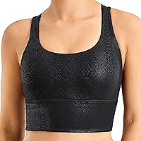 CRZ YOGA Women's Longline Matte Faux Leather Sports Bras - Strappy Wirefree Padded Medium Impact Workout Crop Tank Top