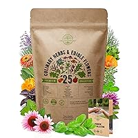 25 Culinary Herbs & Edible Flower Seeds Variety Pack for Planting Indoor & Outdoors. 6400+ Non-GMO Heirloom Flower Garden Seeds: Basil, Borage, Echinacea, Lavender, Oregano, Rosemary Seeds & More