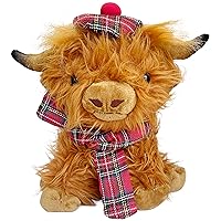 Wilbur Highland Cow 10 inch Brown Plushie Stuffed Animal Cow Soft Toy with Scottish Tartan Plaid Hat and Scarf