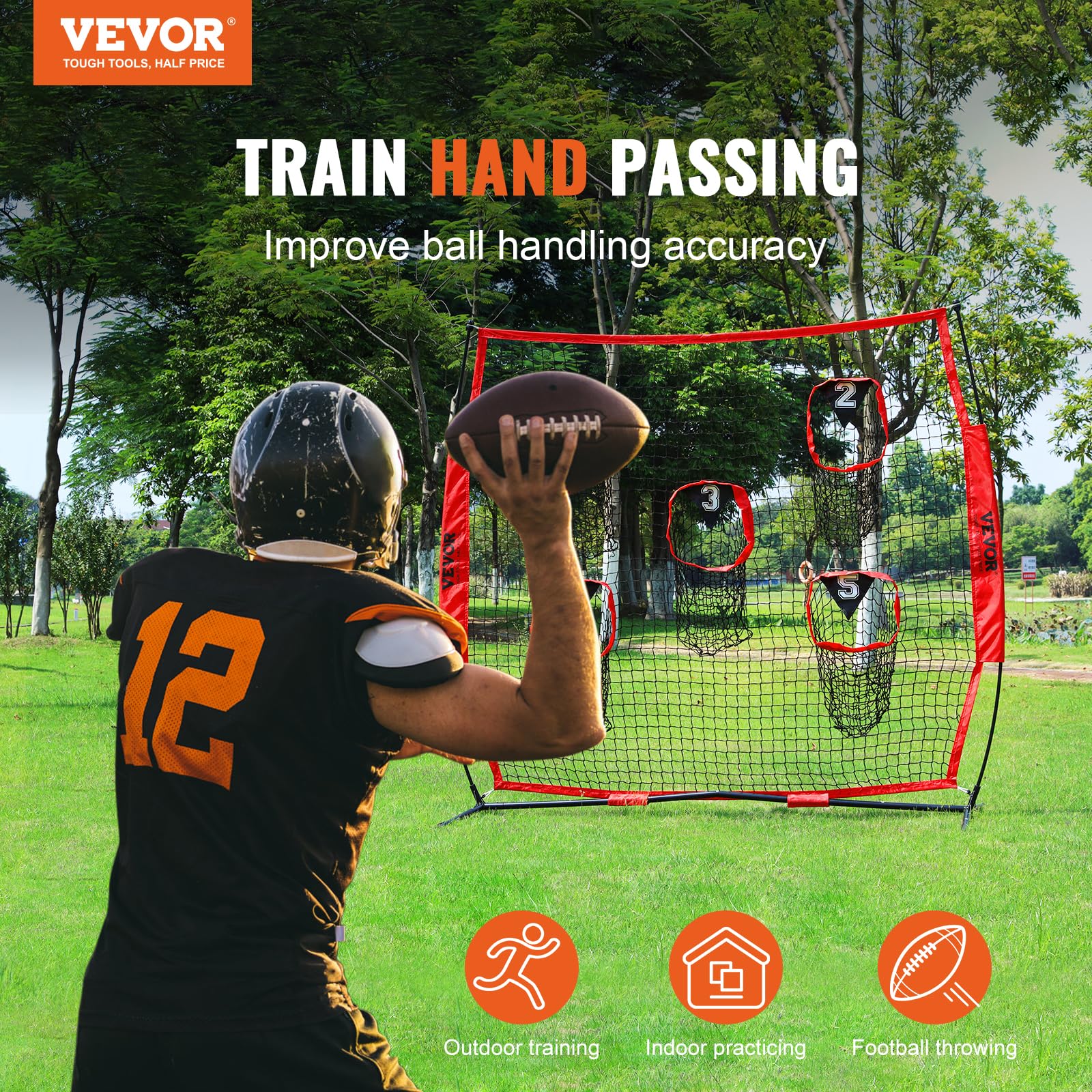 VEVOR Football Trainer Training Practice 5 Target Pockets, Knotless Net Includes Bow Frame and Portable Carry Case, Improve QB Throwing Accuracy, Red