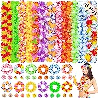 Eunvabir 96Pcs Hawaiian Luau Leis, Necklace Headbands Wristbands Set for Tropical Themed Party Decorations, Kids Adults Beach Summer Flowers Decor for Birthday Vacation Party Favors Supplies