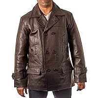 Mens Brown Dr Who Military Style Double Breast U-Boat Inspired Leather German Pea Coat