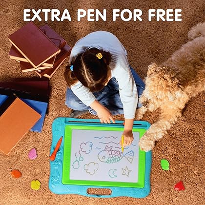 Gamenote Extra Large Magnetic Drawing Board 18×13 with Stamps & Stencils & Replacement Pen - Education Doodle Toys for Kids, Colorful Erasable Magnet Writing Sketching Pad for Toddlers Learning (Blue)