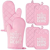 GROBRO7 6Pcs Funny Oven Mitts Pot Holders The Kitchen is The Heart of The Home Heat Resistant Hot Pad Machine Washable Gloves with Hanging Loop Pocket Pot Holder for Baking Cooking Pink