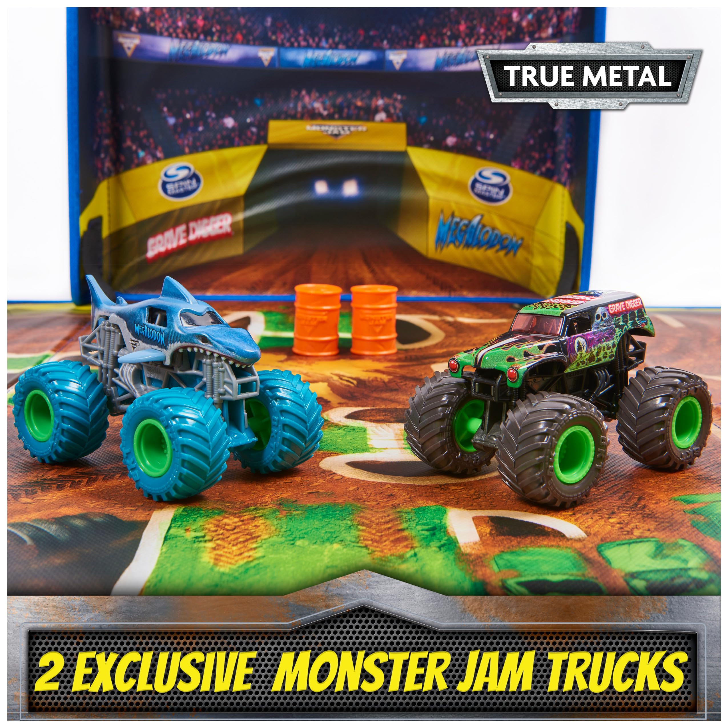 Monster Jam, Ultimate Arena Playmat with 2 Exclusive Die-Cast Monster Trucks, Megalodon and Grave Digger, 20 Accessories, Kids Toys for Boys and Girls Ages 3 and up (Amazon Exclusive)
