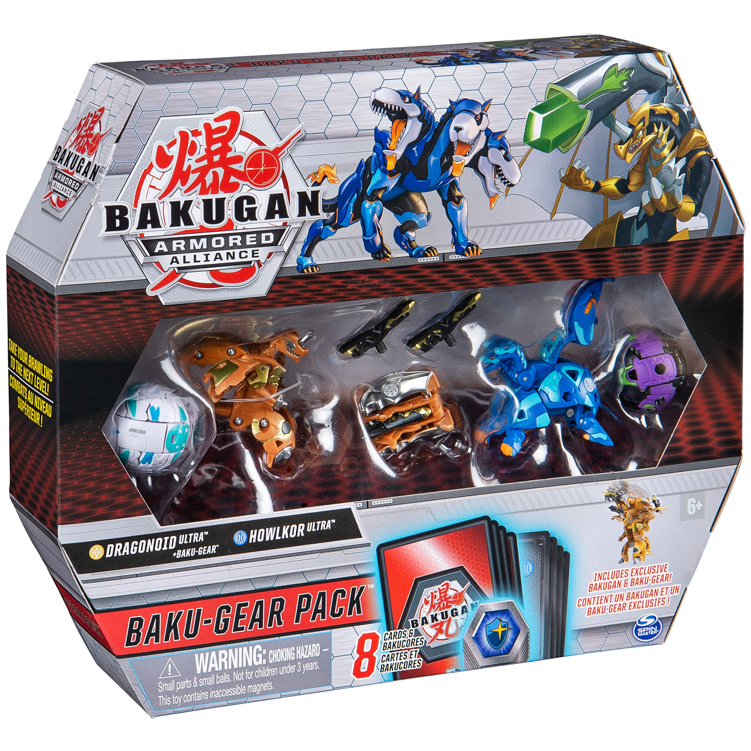 Bakugan Baku-Gear 4-Pack, Dragonoid Ultra with Baku-Gear and Howlkor Ultra, Collectible Action Figures, Kids Toys for Boys