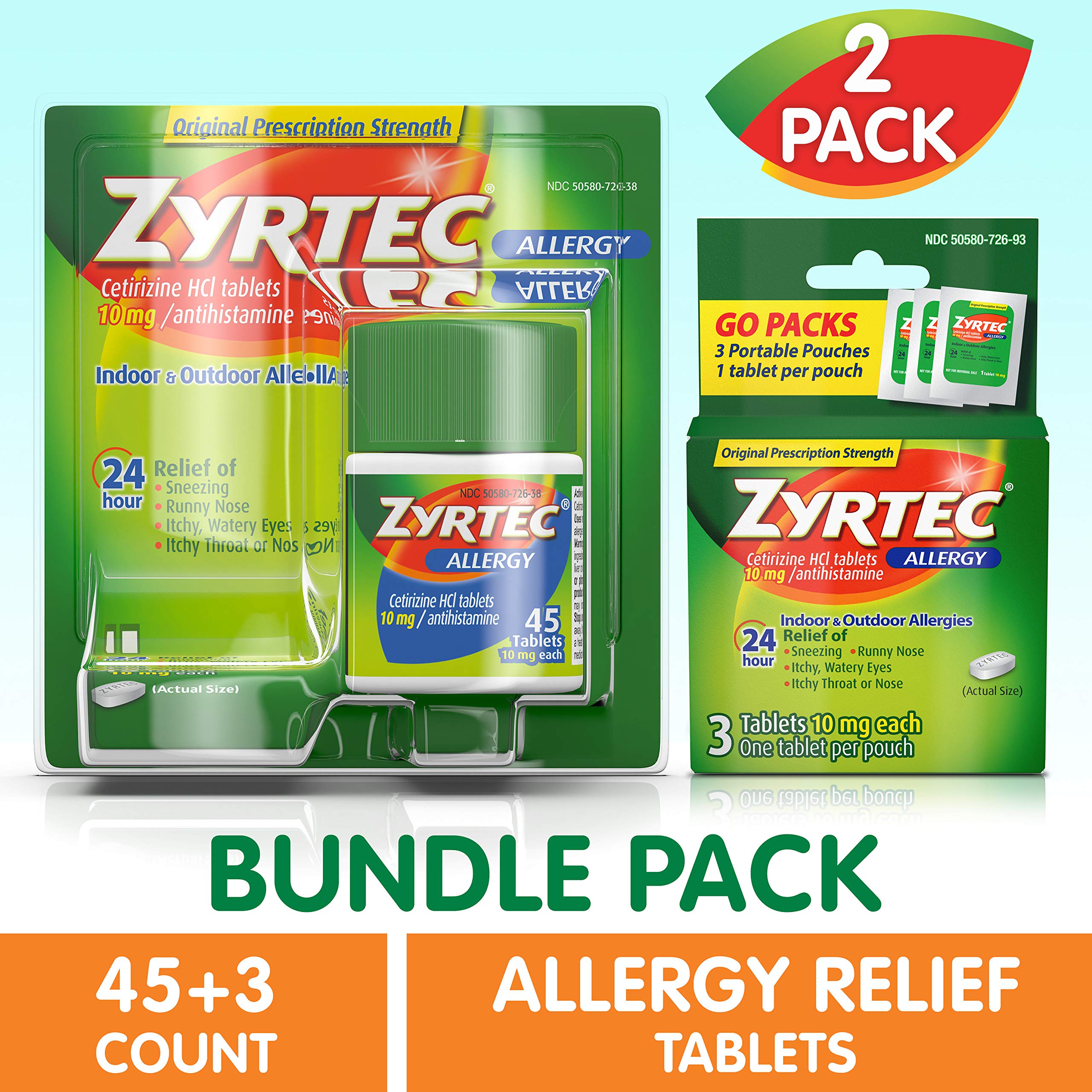 Zyrtec 24 Hour Allergy Relief Tablets, Bundle with 1 x 45ct and 1 x 3ct Travel Pack, 48 Piece Assortment