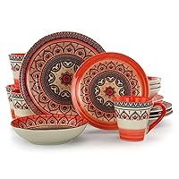 Elama Multicolored Round Stoneware Mandala Pattern Dinnerware Set, 16 Piece, Orange