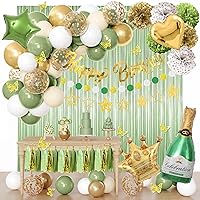 Sage Green Birthday Party Decorations Kit for Women Girls, Confetti Green Gold Balloon Happy Birthday Banner Fringe Curtains Butterfly Circle Dots Tassels Pom First Communion Decor 30th 40th 50th Her