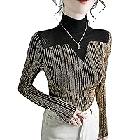 Women's Fashion Mesh Tops High Neck Long Sleeve Bright Silk Patchwork Blouses Elegant Work Party Dinner Shirts