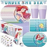 The Little Mermaid Party Decorations | Officially Licensed | Serves 16 Guests | Ariel Birthday Party Supplies | Tablecloth, Banner, Dinner & Cake Plates, Cups, Napkins, Tattoos Favors & Button