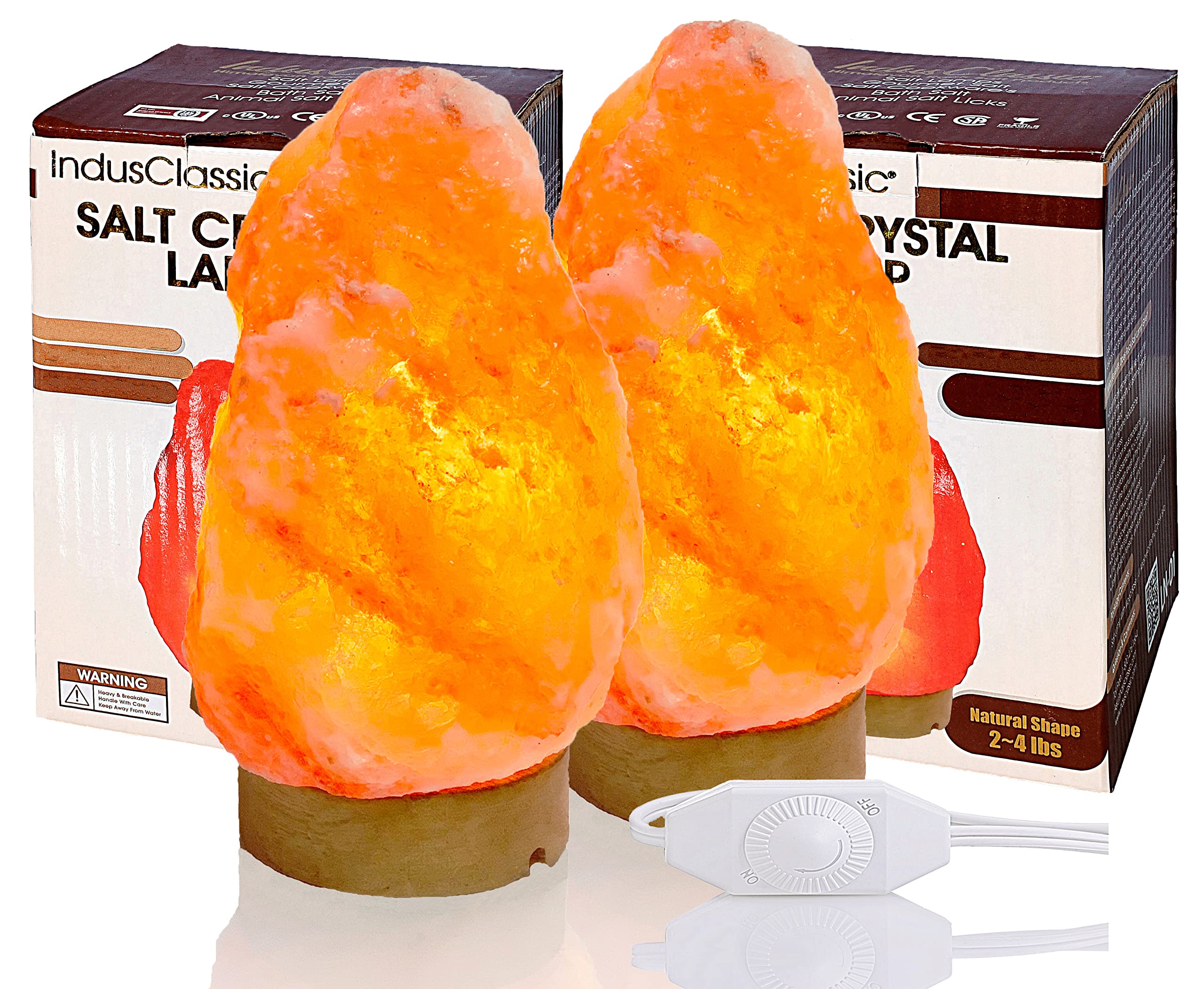 IndusClassic LN-01 Pack of 2 Natural Himalayan Pink Crystal Rock Salt Lamp 6~8 Inch Tall with Dimmer Control Switch, Quality Gift Packaging