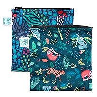 Bumkins Reusable Sandwich and Snack Bags, for Kids School Lunch and for Adults Portion, Washable Fabric, Waterproof Cloth Zip Bag, Travel Pouch, Food-Safe Storage, Large 2-pk Jungle