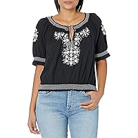 Lucky Brand Womens Embroidered Short Sleeve Top
