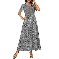 Maggeer Womens 2024 Summer Spring Smocked Wedding Guest Maxi Dress Casual Short Sleeve Floral Boho Flowy Long Dress