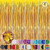 Gold Metallic Tinsel Foil Fringe Curtains, 4 Pack 3.3x8.3 Feet Streamer Backdrop Curtains for Birthday Party Decorations, Halloween Decor, Foil Curtain Backdrop for Bachelorette Party