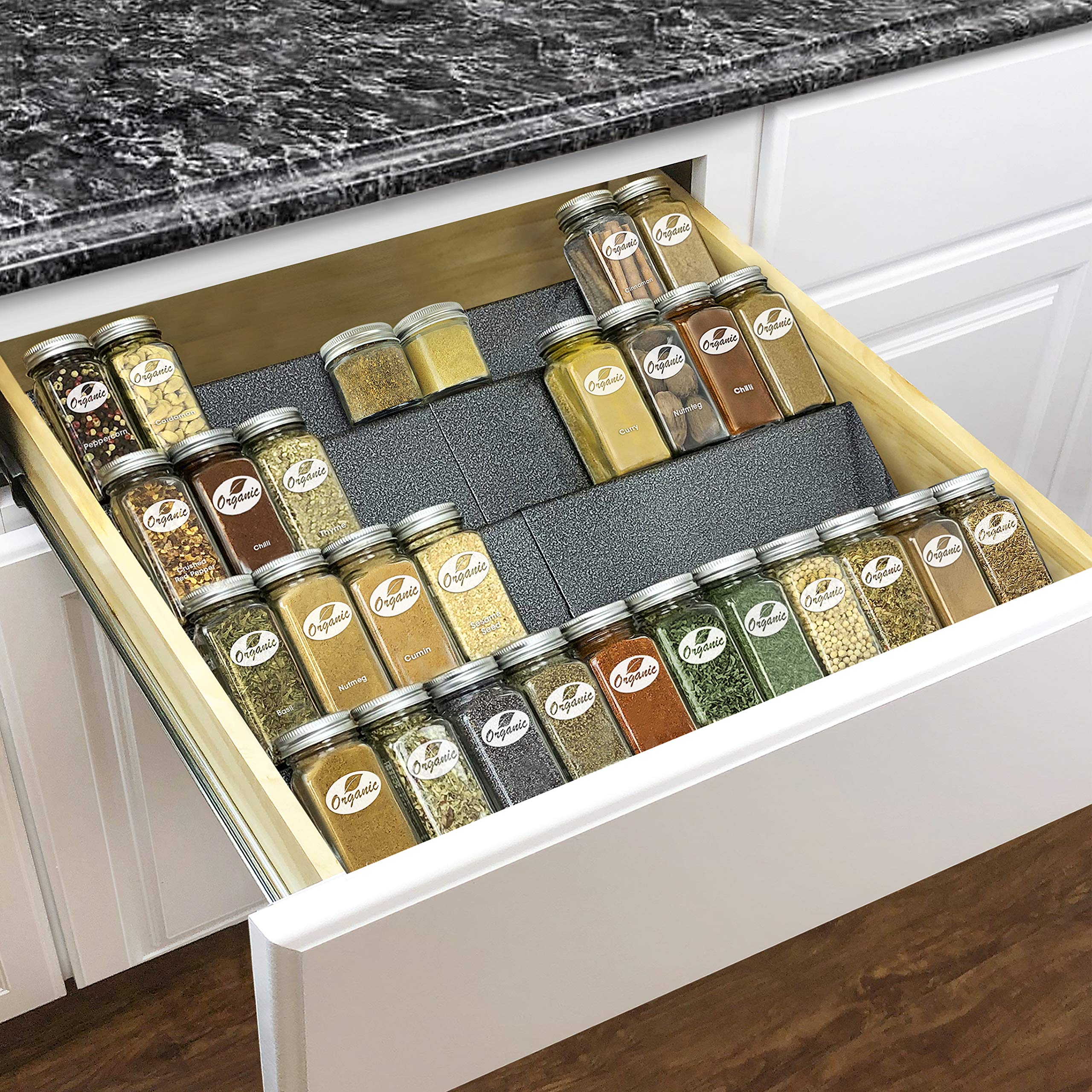 LYNK PROFESSIONAL® Expandable Spice Drawer Organizer - Heavy Gauge Steel 4 Tier Spice Rack - Drawer Insert Tray for Spice Jars, Herbs and Seasoning - Kitchen Cabinet Drawer Storage - Silver Metallic
