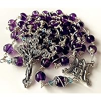 elegantmedical Handmade 925 Sterling Silver Wire Wrapped Amethyst Rosary Beads Necklace Cross & Gift Box