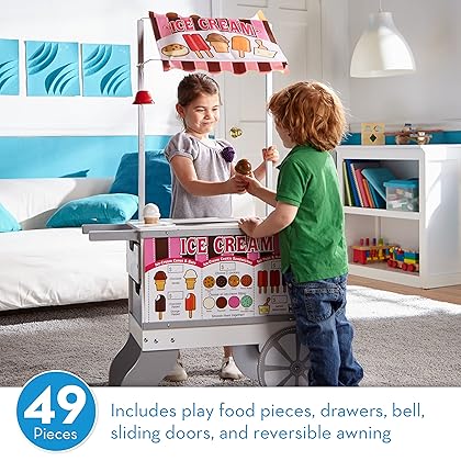 Melissa & Doug Wooden Snacks and Sweets Food Cart - 40+ Play Food pcs, Reversible Awning , Multi Colored