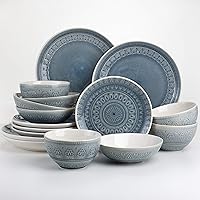 Euro Ceramica Fez 16 Piece Double Bowl Stoneware Mandala Pattern Design Dinnerware Set, Service for 4, Grey