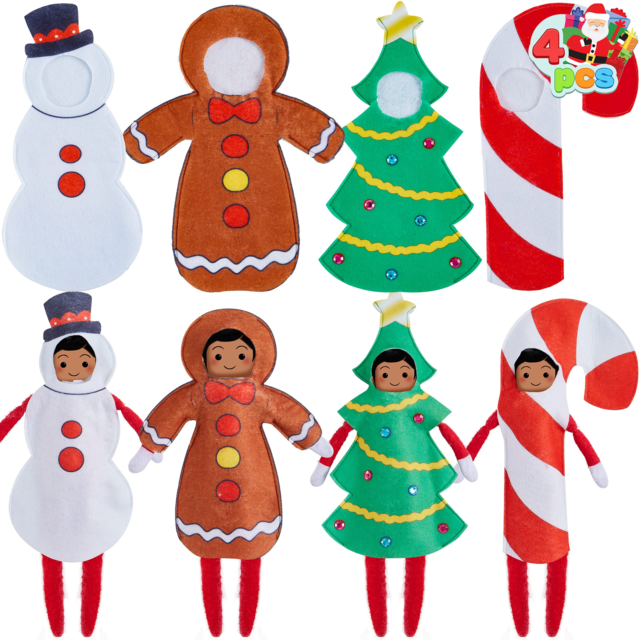 JOYIN 4 Packs Elf Couture Clothing for Elf Doll Christmas Elf Doll Couture with Candy Cane, Christmas Tree, Snowman, and Gingerbread Designs Doll Outfit for Christmas Decor, Holiday Specials