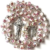 elegantmedical Handmade ROSE PINK Veluriyam BEADS GUADALUPE ROSARY & ITALY CROSS Catholic necklace