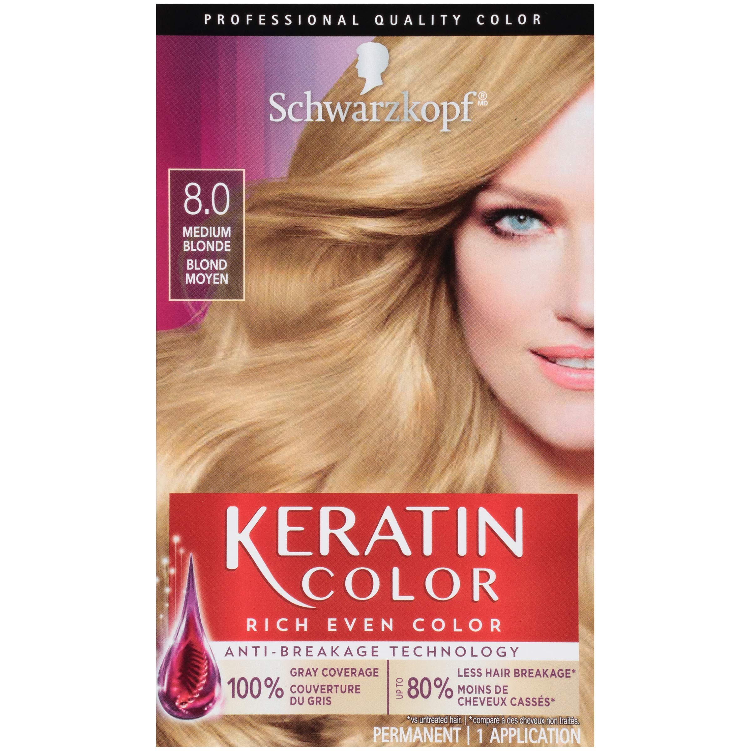 Schwarzkopf Keratin Color Permanent Hair Color Cream, 8.0 Medium Blonde