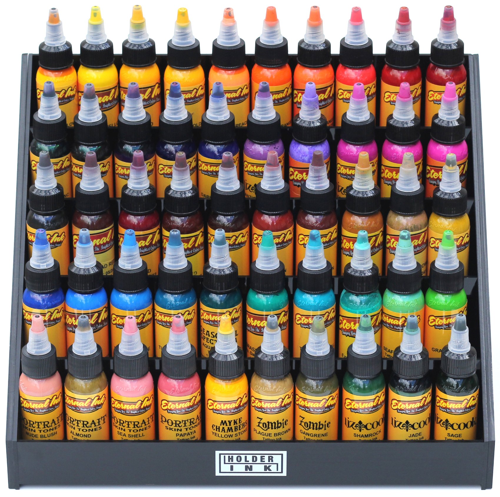 Holder Ink acrylic display stand organizer for tattoo inks, nail polish bottles and other beauty essentials that keeps them organized, secured and ready to use.