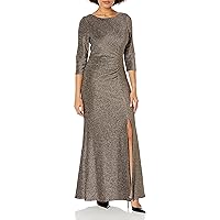 S.L. Fashions Women's Long Metallic Side Ruched Dress with Slit (Reg Petite Plus)
