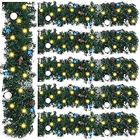 6 Packs 9 Ft Teal Garland Snow Flocked Battery Operated Garland with 50 Lights, Lighted Prelit Needle Pine Garland with Balls and Pine Cones for Stairs Railing Outdoor Valentine's Day Decor