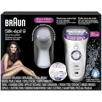 Braun Epilator Silk-epil 9 9-579, Facial Hair Removal for Women, Facial Cleansing Brush, Womens Shaver, Wet & Dry, Cordless and 7 extras